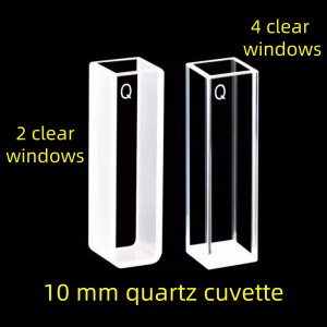 Cuvette de quartz 10 mm Longueur de chemin (1cm); Applications pour UV, Fluorescence, et lumière visible; Compatible avec 751,752 et 722 Modèle de spectrophotomètres ; Deux fenêtres optiques en option ou quatre configurations de fenêtres optiques - Image 1